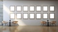 14 blank decorative art frames mock-up in a modern gallery showroom