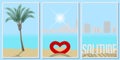 Frames with palm trees by the sea, text solitude and a city on the horizon, wall art vector set