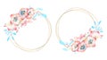 2 Frames with pink frostflowers on a round frame on a white isolated background. Bouquet at the top and bottom. Vector Royalty Free Stock Photo