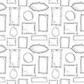 Frames seamless sketch pattern. Black hand drawn picture frames and mirrors without background. Wallpaper pattern