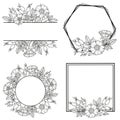 Frames set of dog-rose flowers, branches and leaves. Vector isolated on white background. Coloring book, elements for Royalty Free Stock Photo