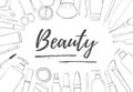 A framework of cosmetic products. Black and White template for beauty blog, store, spa salon. Place for text.