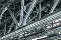 Framework detail of metal railroad bridge. bottom view Royalty Free Stock Photo