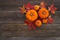 Framework with pumpkins and fall leaves on wooden background. Top view. Royalty Free Stock Photo