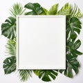 Framing border with tropical leaves on white background backdrop and copy space.