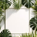 Framing border with tropical leaves on white background backdrop and copy space.