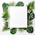 Framing border with tropical leaves on white background backdrop and copy space.