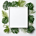 Framing border with tropical leaves on white background backdrop and copy space.