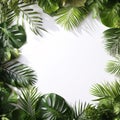 Framing border with tropical leaves on white background backdrop and copy space.