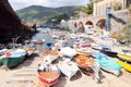 Fishing boats with fishing equipment docked in the port Framura, La Spezia, Liguria, Italy Royalty Free Stock Photo