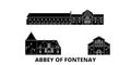 France, Abbey Of Fontenay flat travel skyline set. France, Abbey Of Fontenay black city vector illustration, symbol