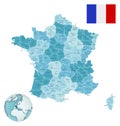 France administrative blue-green map with country flag and location on a globe