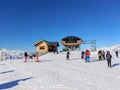 France Alpes Savoie Maurienne Valloire skiers Chairlift sunny blue sky Royalty Free Stock Photo