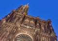 Illuminated facade of the cathedral of Notre Dame in Strasbourg at night Royalty Free Stock Photo