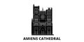 France, Amiens Cathedral flat travel skyline set. France, Amiens Cathedral black city vector illustration, symbol