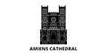 France, Amiens Cathedral Landmark flat travel skyline set. France, Amiens Cathedral Landmark black city vector
