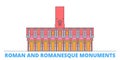 France, Arles, Roman And Romanesque Monuments Landmark line cityscape, flat vector. Travel city landmark, oultine