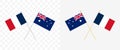 France and Australia crossed flags. Pennon angle 28 degrees. Options with different shapes and colors of flagpoles - silver and