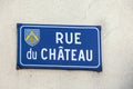 France Beaune 2019-06-20 Closeup authentic vintage steel or metal french street plate, french text - Rue de Chateau on vintage