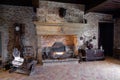France Beaune 2019-06-20 Fireplace old dark hall, brick walls, old old decor, utensils, tenuta, winery, chateau, castle, family
