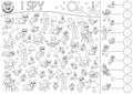 France black and white I spy game for kids. Searching and counting activity with people, animals. French printable line worksheet