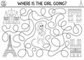 France black and white maze for kids with tourist girl and Paris places of interest. French preschool printable activity.