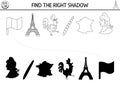 France black and white shadow matching activity. French puzzle with Marianne, map, Eiffel Tower, rooster, baguette. Find correct