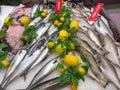 FRANCE, BORDEAUX, February, 9, 2024: Assortment of fresh daily fish on ice market in supermarket Royalty Free Stock Photo