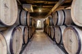 France Burgundy 2019-06-20 Wooden wine oak barrels stacked in winery cellar