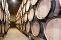 France Burgundy 2019-06-20 Wooden wine oak barrels stacked in winery cellar