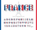 France cartoon font. French national flag colors. Paper cutout glossy ABC letters and numbers. Bright alphabet for