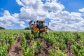 France Chablis 2019-06-21 tractor to cultivate field, working on vineyard. Farmer watering vineyards with tractor