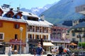 France, Chamonix Mont Blanc, August 2021: summer city with view of Alps mountains, houses decorated with flowers, people, tourists