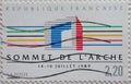 FRANCE - CIRCA 1998: a postage stamp printed in France showing a graphic of the building archway for the sommet de la Arche