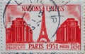 FRANCE - CIRCA 1951: a postage stamp printed in France showing a drawing of the Eiffel Tower building complex in Paris