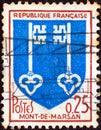 FRANCE - CIRCA 1966: A stamp printed in France from the `Arms of French Towns 6th Series` issue shows Mont-de-Marsan coat of Arms