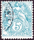 FRANCE - CIRCA 1900: A stamp printed in France from the `Blanc` issue shows Liberty, Equality, Fraternity, circa 1900.