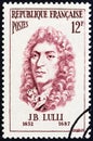 FRANCE - CIRCA 1956: A stamp printed in France from the `Famous Men` issue shows composer Jean-Baptiste Lully, circa 1956. Royalty Free Stock Photo