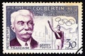 FRANCE - CIRCA 1956: A stamp printed in France shows Pierre de Coubertin and Olympic stadium, circa 1956.