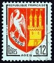 FRANCE - CIRCA 1964: A stamp printed in France shows Agen coat of arms, circa 1964.