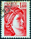 FRANCE - CIRCA 1977: A stamp printed in France shows Sabine from the `the kidnapping of the Sabines` painting