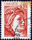 FRANCE - CIRCA 1977: A stamp printed in France shows Sabine from the `the kidnapping of the Sabines` painting Royalty Free Stock Photo