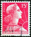 FRANCE - CIRCA 1955: A stamp printed in France shows Marianne Louis-Charles Muller design, circa 1955.