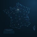 France communication network map. Vector low poly image of a global map with lights in the form of cities