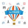 France Design Template Line Icon Welcome Concept and Hot Air in Sky. Vector