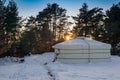 France. Eoulx. Yurt in a snown at sunset