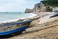 View of the beach and fishing boats in Etretat
