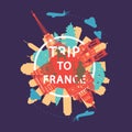 France famous landmark silhouette overlay style around text,vintage design