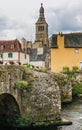 France, Finistere, Quimperle, view of old Bridge Le Pont Lovignon over Elle river and the church Sainte Croix