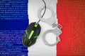 France flag and handcuffed computer mouse. Combating computer crime, hackers and piracy